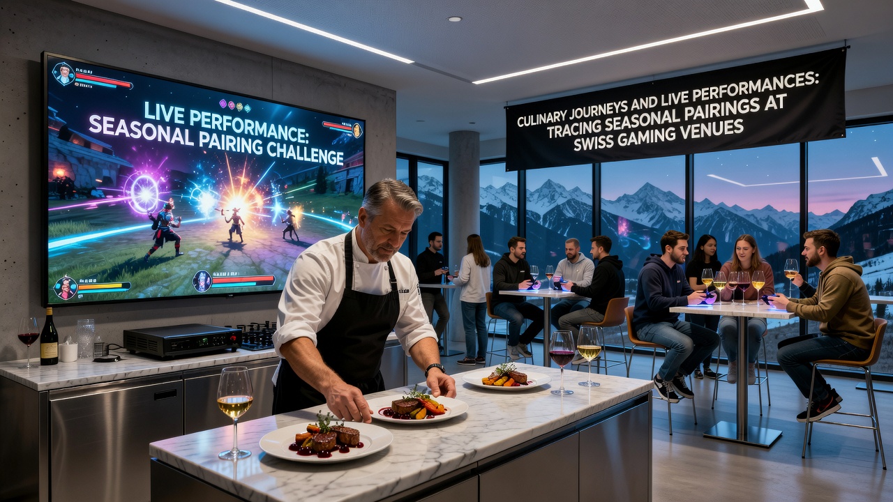 Swiss gaming venue interior featuring seasonal culinary setup with live performance stage