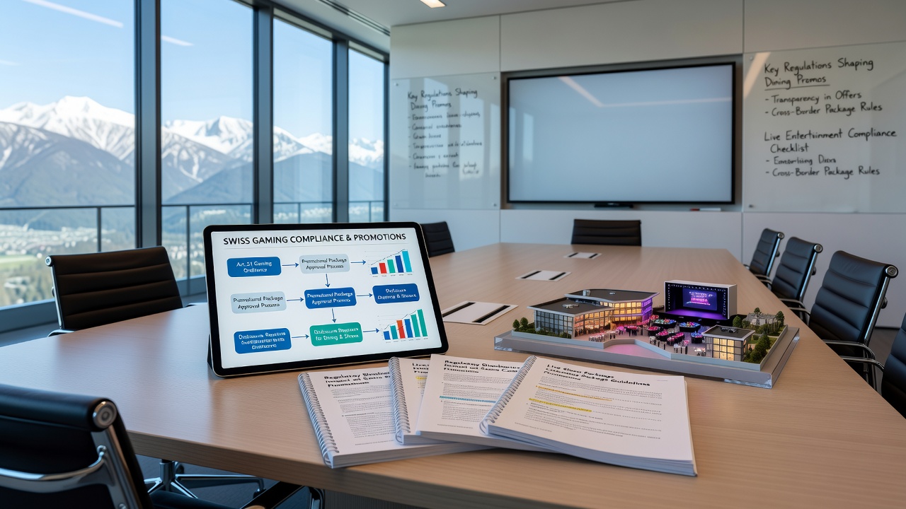 Swiss casino regulatory documents alongside promotional dining and entertainment materials