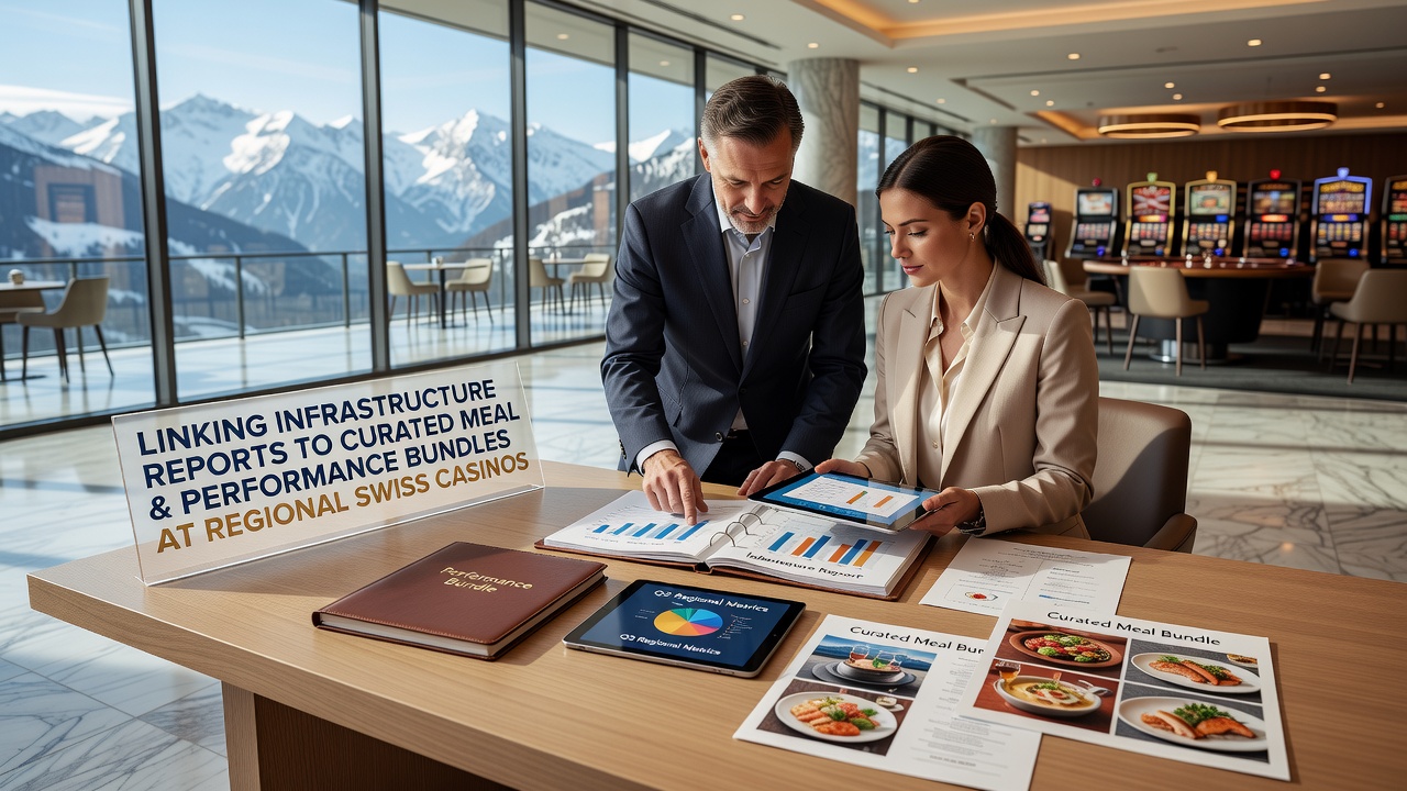 Regional Swiss casino exterior showing infrastructure updates alongside promotional signage for meal and performance bundles